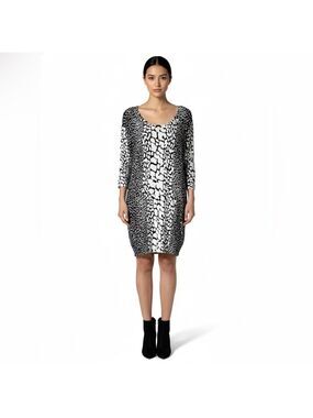 REISS Cotton Blend Black & White Animal Print Sweater Dress 3/4 Sleeves US Sz XS